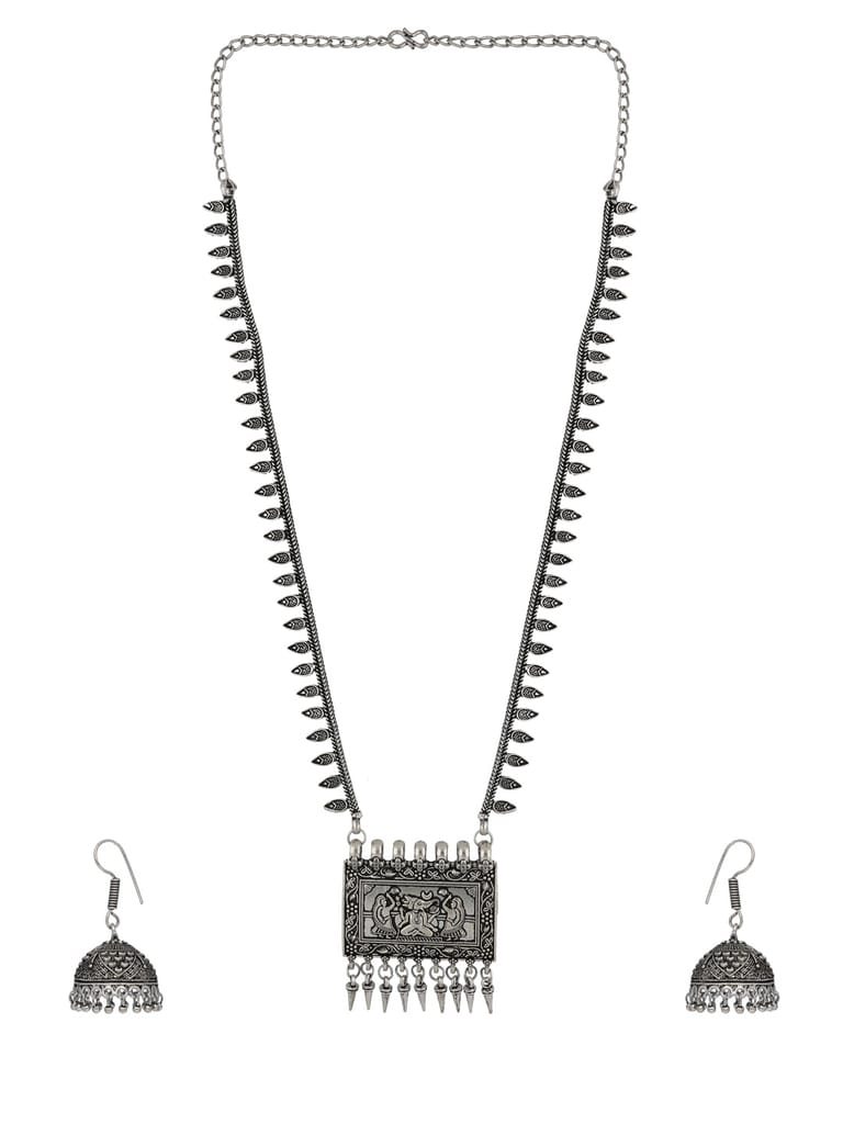 Temple Long Necklace Set in Oxidised Silver finish - CNB33919