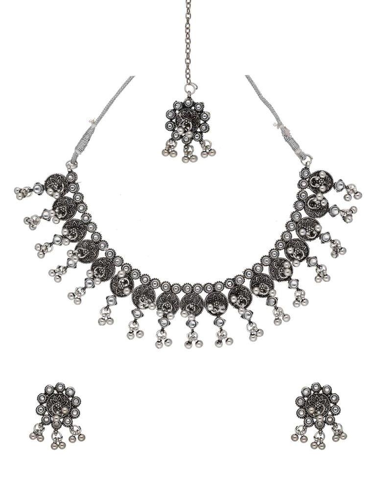 Kundan Necklace Set in Oxidised Silver finish - STU1114