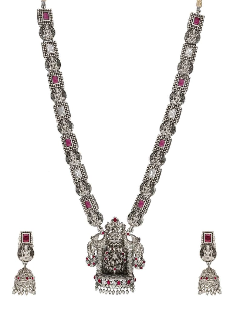 Temple Long Necklace Set in Oxidised Silver finish - RNK57