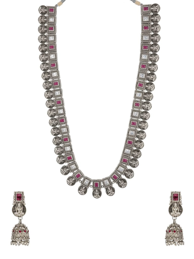 Temple Long Necklace Set in Oxidised Silver finish - RNK60