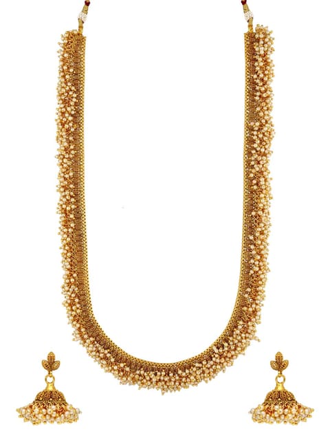 Antique Long Necklace Set in Gold finish - AMN348