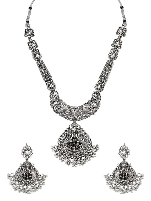 Temple Long Necklace Set in Oxidised Silver finish - SHA4148
