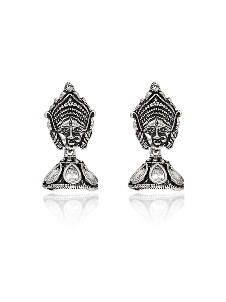 Temple Jhumka Earrings in Oxidised Silver finish - DEJ1083WH