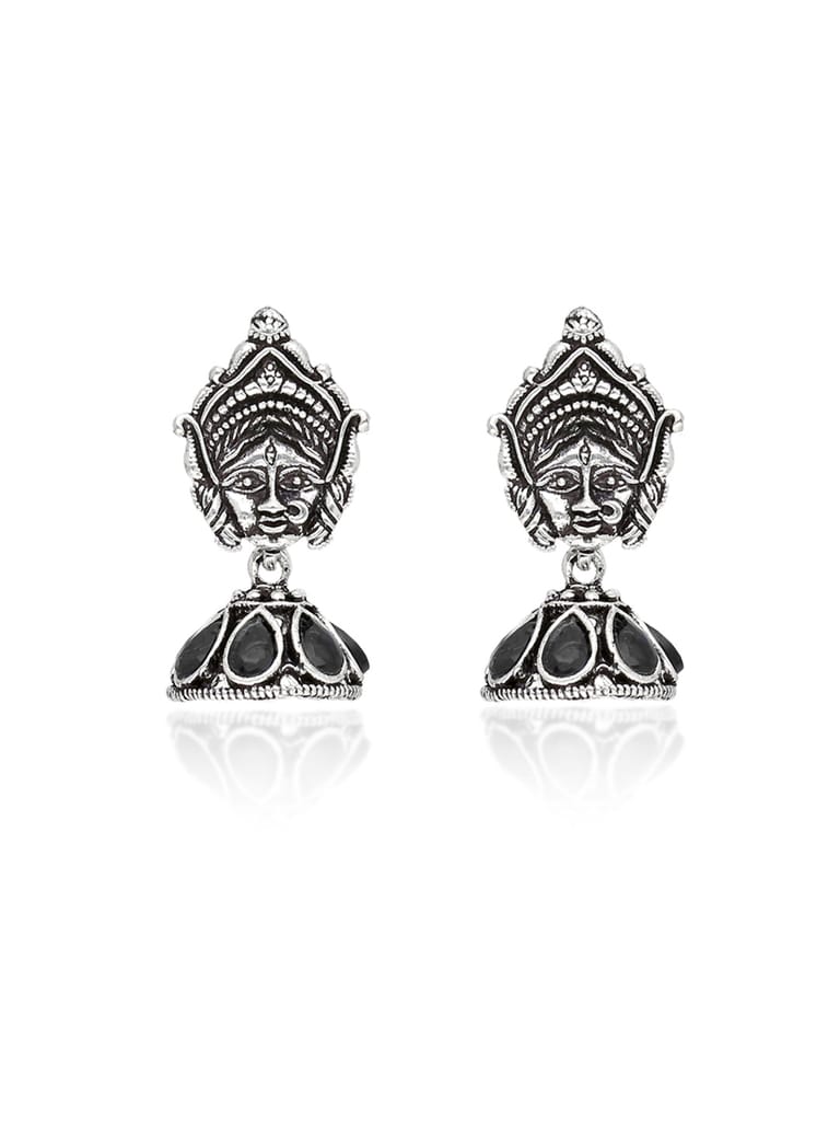Temple Jhumka Earrings in Oxidised Silver finish - DEJ1083BL