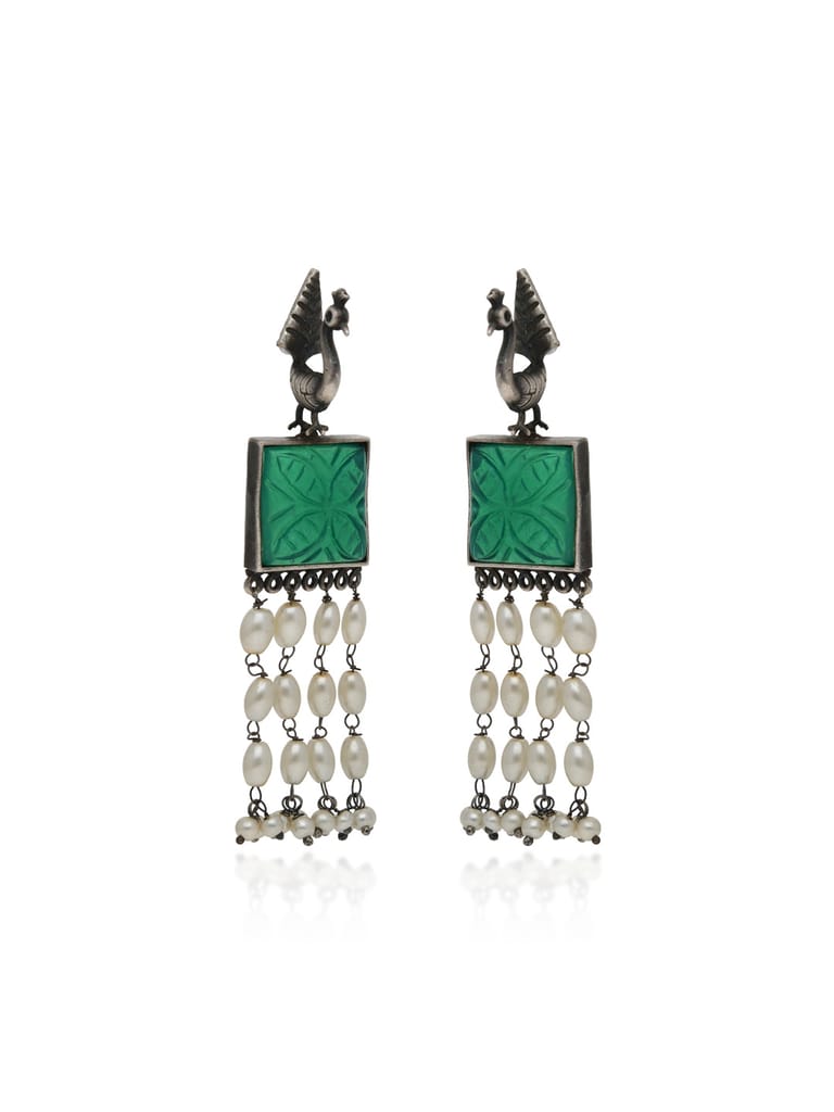 Oxidised Long Earrings in Green color - CNB31528