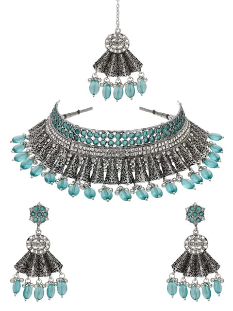Oxidised Choker Necklace Set in Firoza color - CNB38168