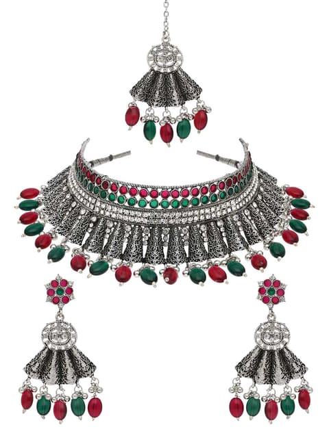 Oxidised Choker Necklace Set in Ruby & Green color - CNB38170