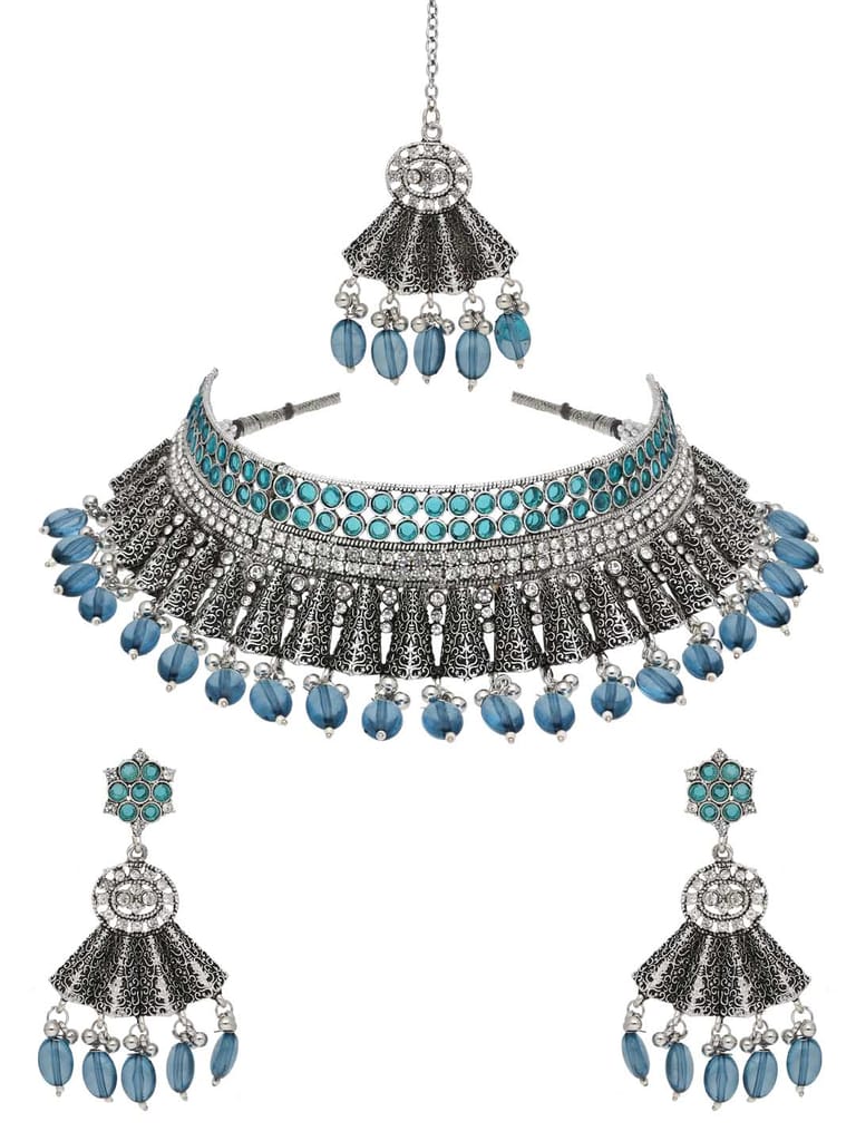 Oxidised Choker Necklace Set in Sky Blue color - CNB38174