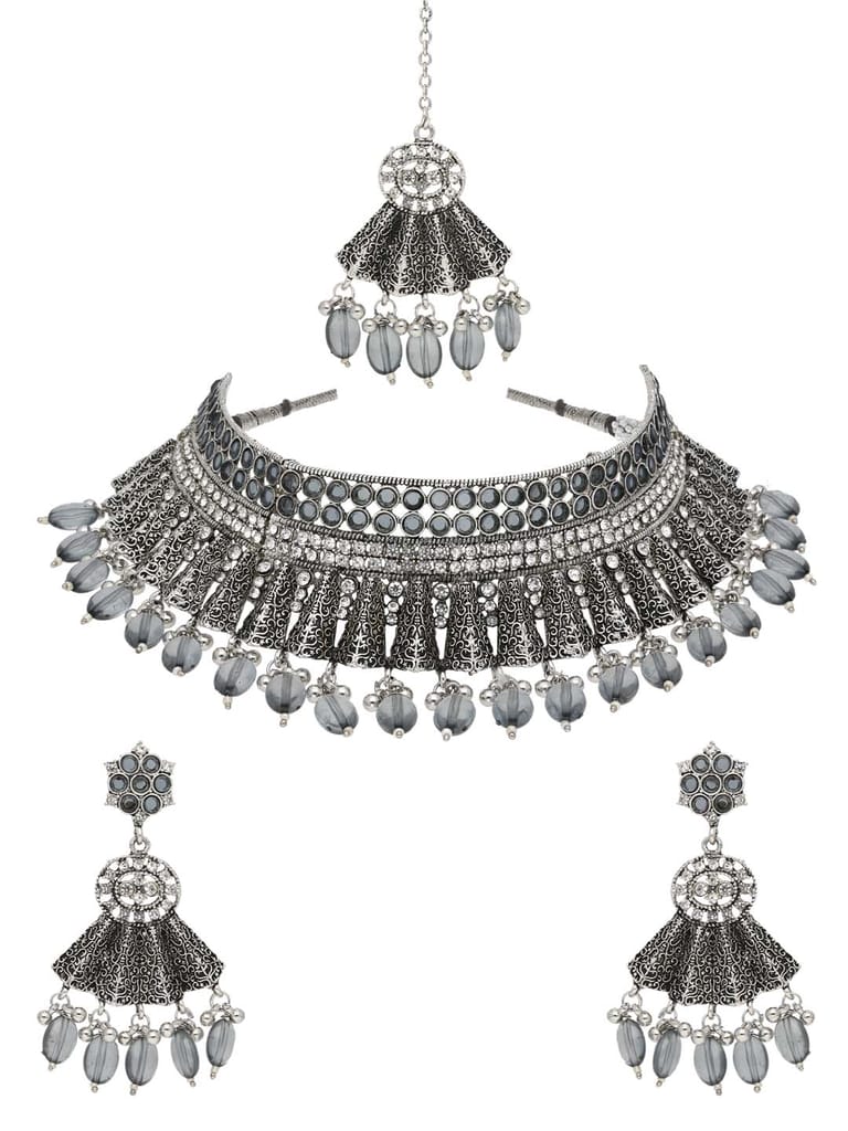 Oxidised Choker Necklace Set in Grey color - CNB38173