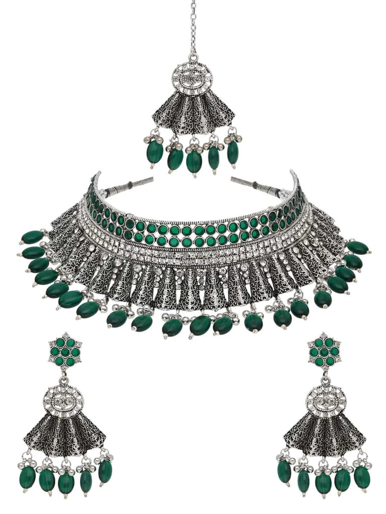 Oxidised Choker Necklace Set in Green color - CNB38175
