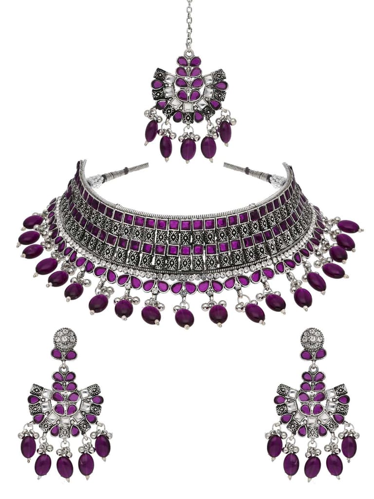 Oxidised Choker Necklace Set in Purple color - CNB38182
