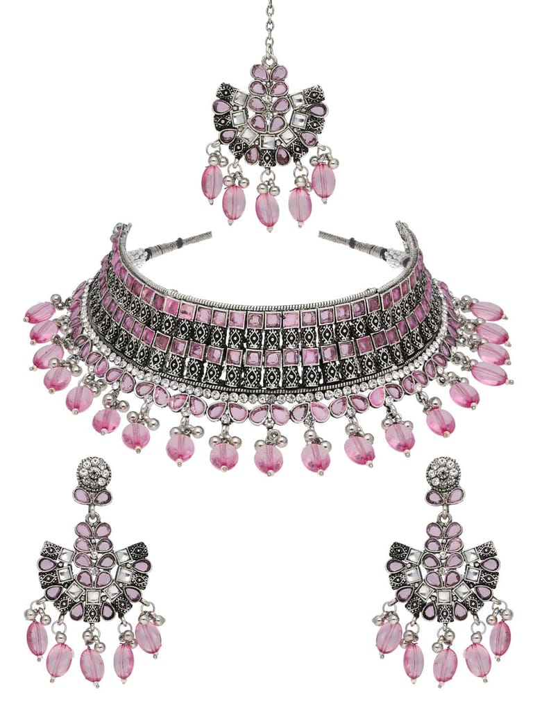 Oxidised Choker Necklace Set in Pink color - CNB38181