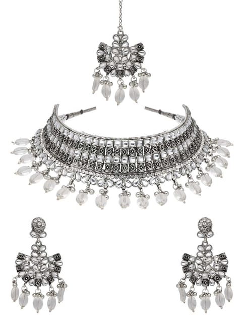 Oxidised Choker Necklace Set in White color - CNB38184