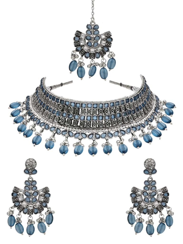 Oxidised Choker Necklace Set in Sky Blue color - CNB38186