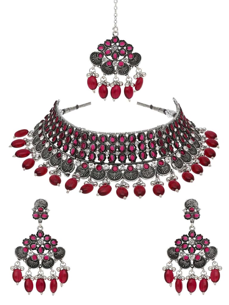 Oxidised Choker Necklace Set in Rani Pink color - CNB38189