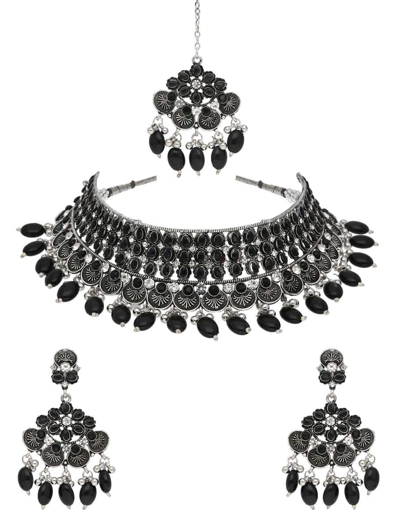 Oxidised Choker Necklace Set in Black color - CNB38190
