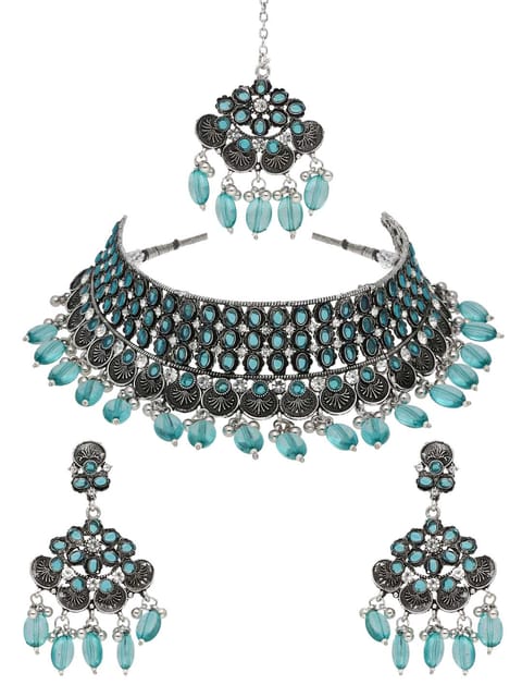 Oxidised Choker Necklace Set in Firoza color - CNB38192