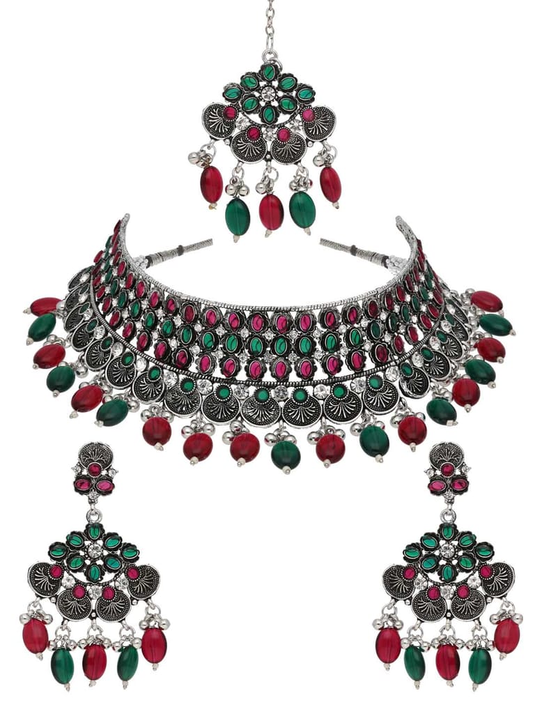 Oxidised Choker Necklace Set in Ruby & Green color - CNB38194