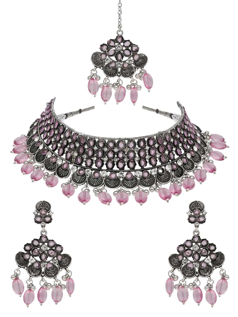 Oxidised Choker Necklace Set in Pink color - CNB38196