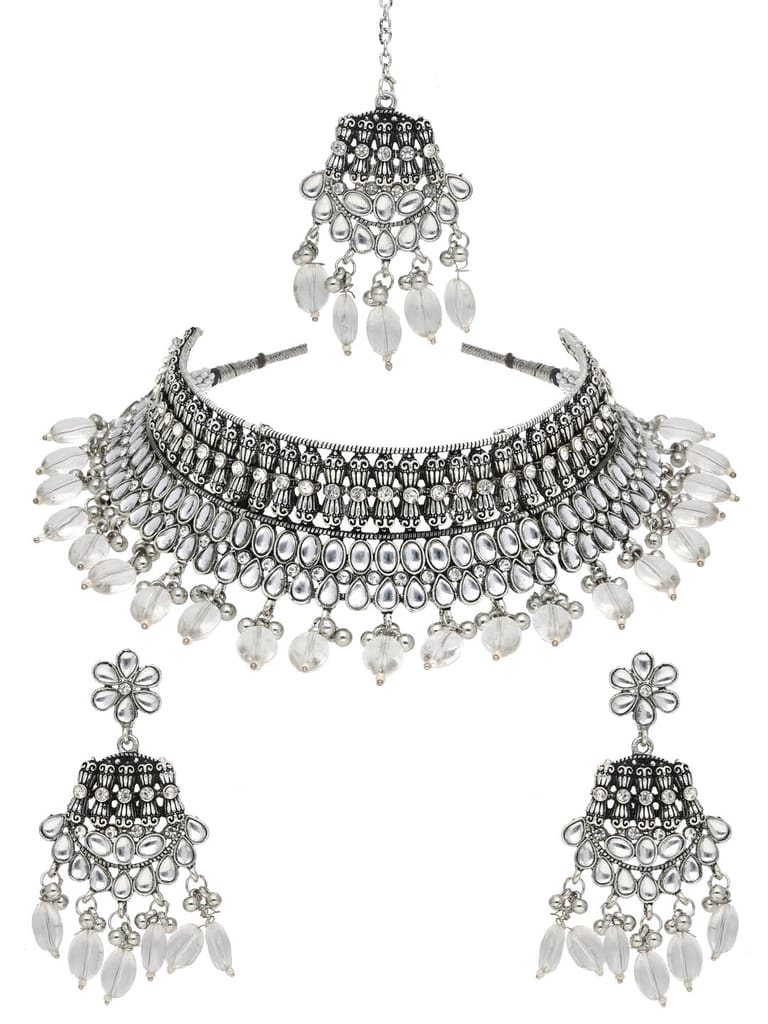Oxidised Choker Necklace Set in White color - CNB38080