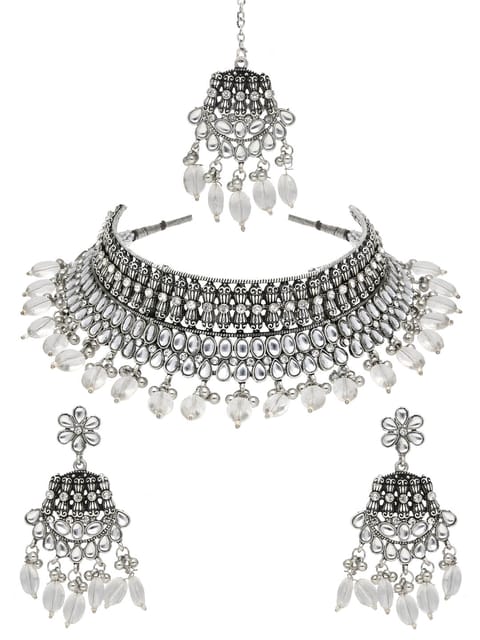 Oxidised Choker Necklace Set in White color - CNB38080