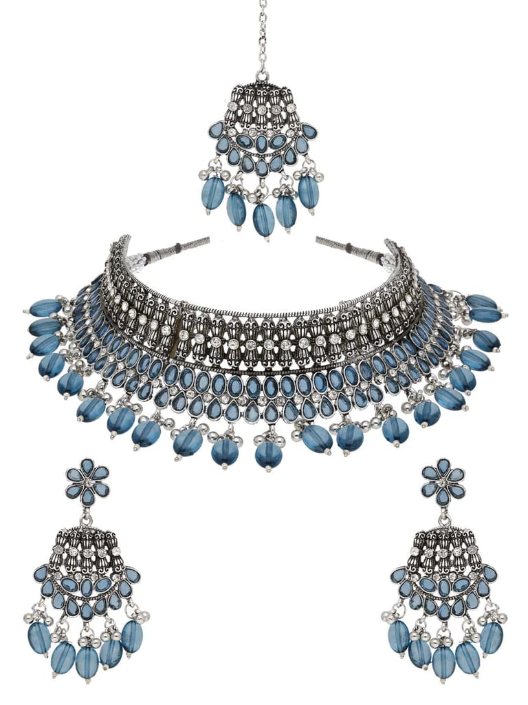 Oxidised Choker Necklace Set in Sky Blue color - CNB38082