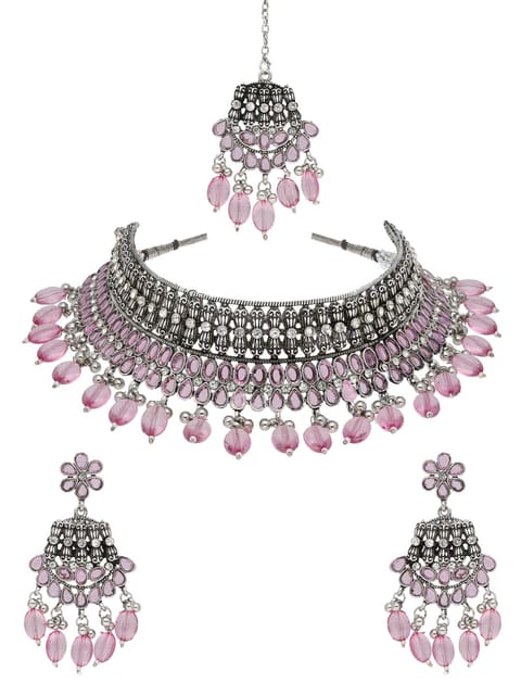 Oxidised Choker Necklace Set in Pink color - CNB38157
