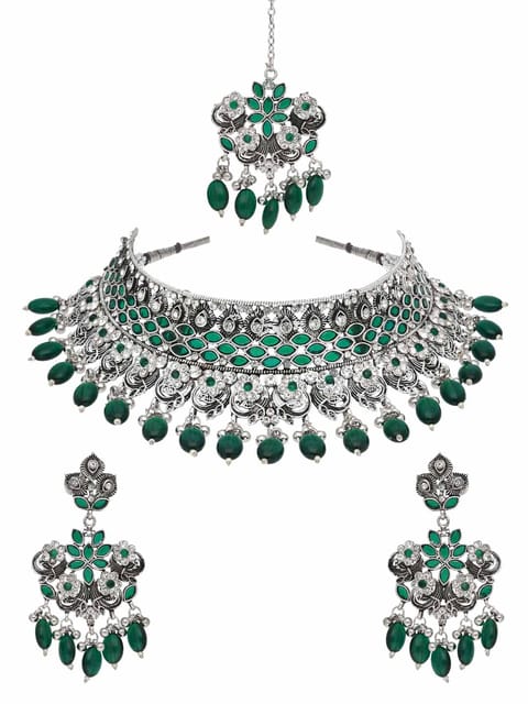 Oxidised Choker Necklace Set in Green color - CNB38160