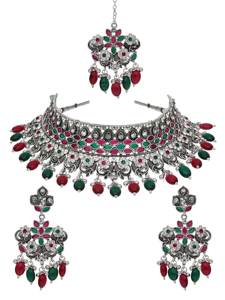 Oxidised Choker Necklace Set in Ruby & Green color - CNB38159