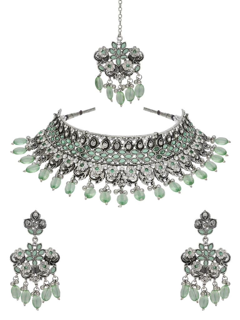 Oxidised Choker Necklace Set in Mint color - CNB38163