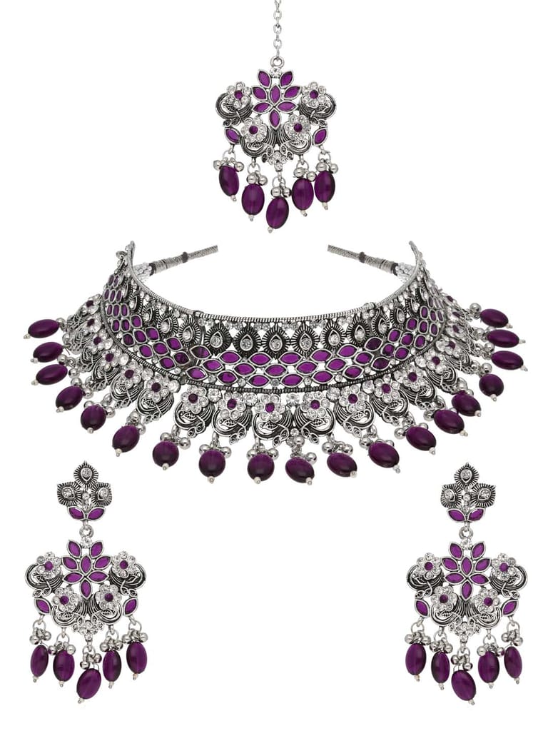 Oxidised Choker Necklace Set in Purple color - CNB38164