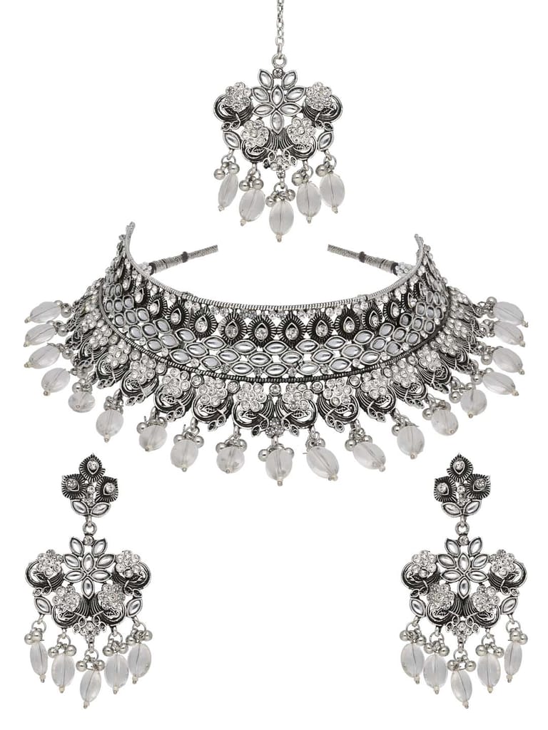 Oxidised Choker Necklace Set in White color - CNB38166