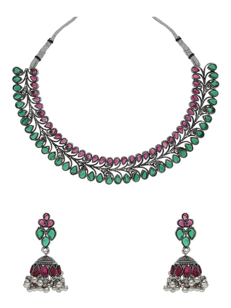 Oxidised Necklace Set in Ruby & Green color - CNB37885