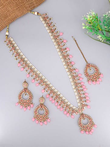 Reverse AD Long Necklace Set in Mehendi finish - 1001