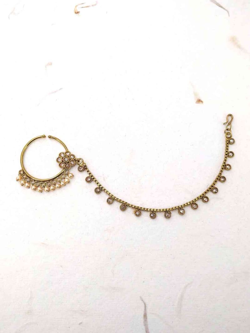 Antique Nose Ring with Chain in Mehendi finish - CNB2270