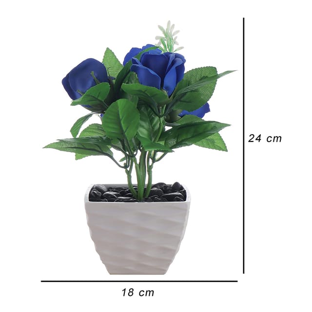 Foliyaj Home and Office Decoration Artificial Rose Flower Plant with Pot for Indoor,Outdoor Decor (Blue)