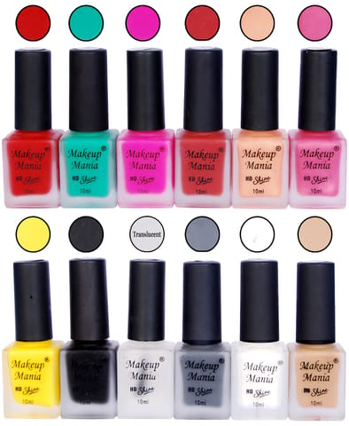 Makeup Mania Glam Nail Polish Combo Pack, Matte Nail Paint Set of 12 Pcs, 10ml each - Cofee, Nude, White, Grey, Black etc