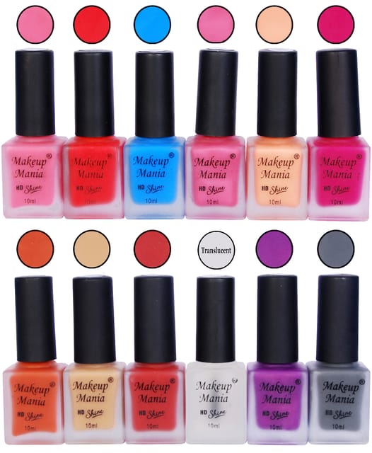 Makeup Mania Fashion Nail Paints Combo, Matte Nail Polishes Set of 12 Pcs, 10ml each - Peach, Red, Grey, Coffee etc