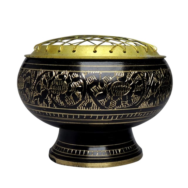 SATYAMANI Brass Bowl with Cover for Sage Burning Black