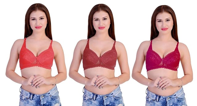 Caracal Sexy net Bra for Women for Sex Soft Lace Net Bra for Ladies/Girls/Full Coverage/stylishMulticolorSize_40 Combo Pack of 3 Red
