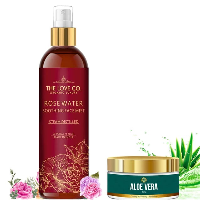 THE LOVE CO. Pure & Natural Rose Water, Steam Distilled Face Mist for all Skin Face & Hair - Kannauj Gulab Jal - Organic (Rose Water + Aloe Vera Gel) 120ml