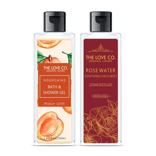 THE LOVE CO. Luxury Travel Pack, Combo Offer For Women & Men (Peach Love Body wash + Rose water) 50ml+50ml