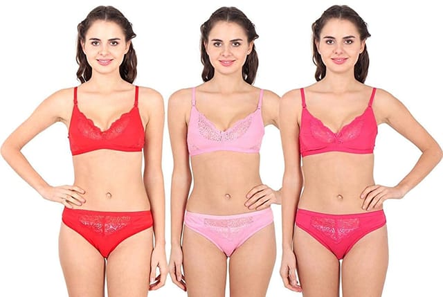 Caracal Bra & Panty Set for Women/Ladies and Girls Lingerie Set/Cotton/Non- Padded & Wireless/B Cup/Full Coverage/T-Shirt/Multi (Size 34) Combo Pack of 3 (Baby Pink, Pink, Red Color)