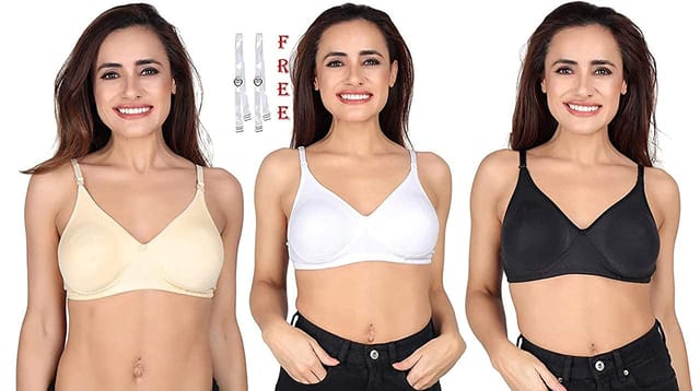 Caracal Seamless Cotton Bra for Women Full Coverage/Detachable Straps�/1 Pair Transparent Strap Free/Non-Wired, Non-Padded Multicolor (Size 30) Combo Pack of 3