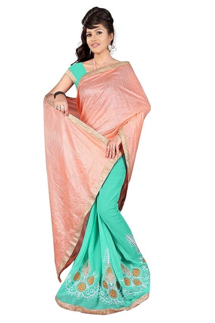 IPP Women's Shinning Georgette Saree with Blouse Piece (Green and Orange)