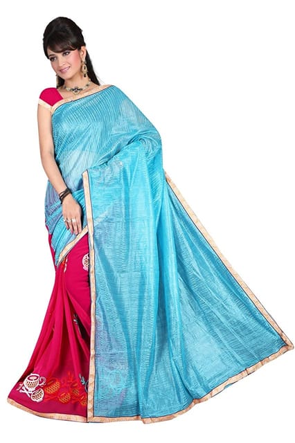 IPP Women's Shinning Georgette Saree With Blouse Piece (Red and Skyblue Color_Free size)