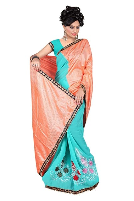 IPP Women's Shinning Georgette Saree With Blouse Piece (Light Orange and Green Color_Free size)