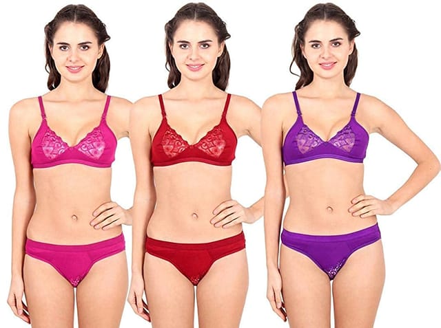 Caracal Bra & Panty Set for Women/Ladies and Girls Lingerie Set/Cotton/Non- Padded & Wireless/B Cup/Full Coverage/T-Shirt/Multi (Size 30) Combo Pack of 3 (Mehroon, Rani and Purple Color)