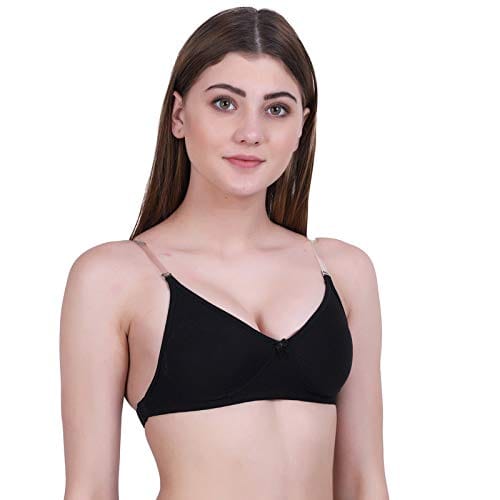 Caracal Seamless Cotton Bra for Women Full Coverage/Detachable Straps�/1 Pair Transparent Strap Free/Non-Wired, Non-Padded Black (Size 30) Pack of 1