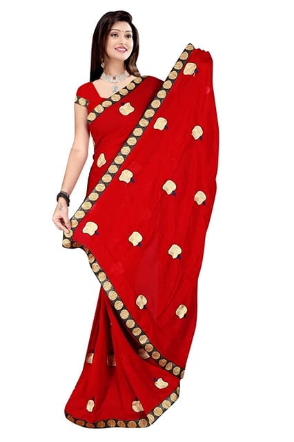 IPP Women's Shinning Georgette Saree With Embroidery Work With Blouse Piece (Red Color_Free size)